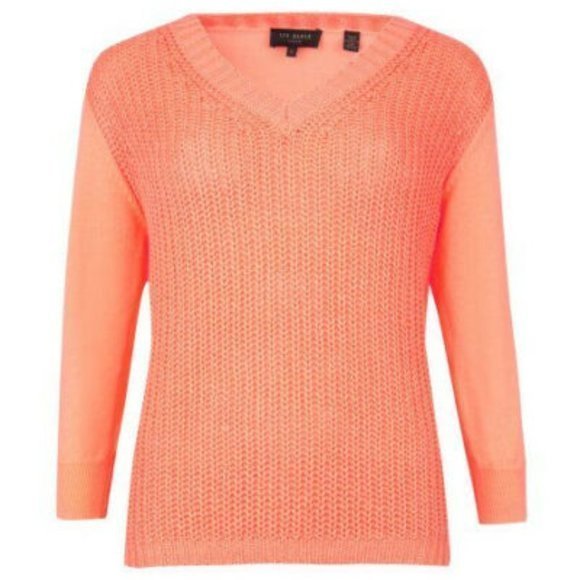 NWT Ted Baker Lills Mix Gauge‎ Bright Neon Orange Sweater Casual V-Neck Pullover - Picture 2 of 7